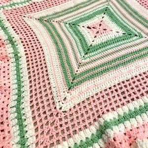 Handmade Crocheted baby Blanket 100% cotton w/wavy edges pink/white/mint-green